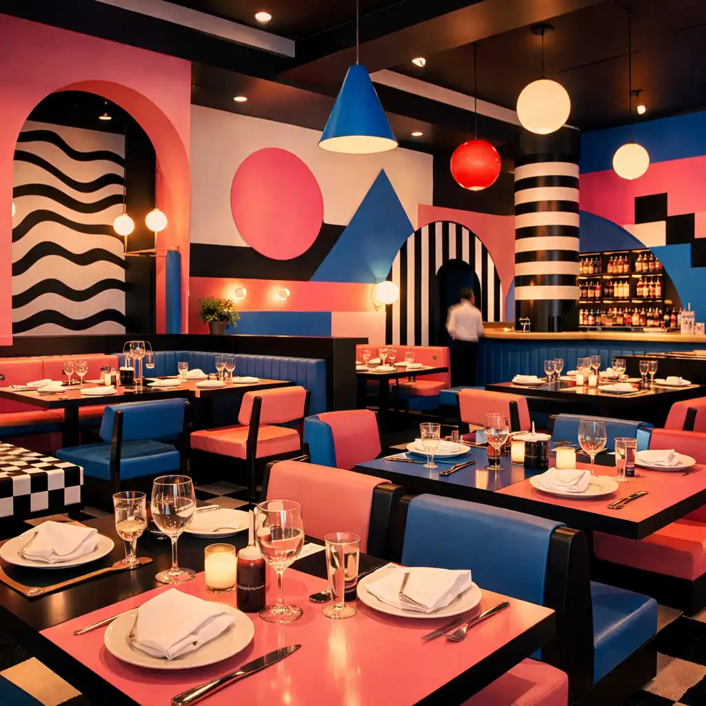 Wnętrze restauracji w stylu neo-memphis