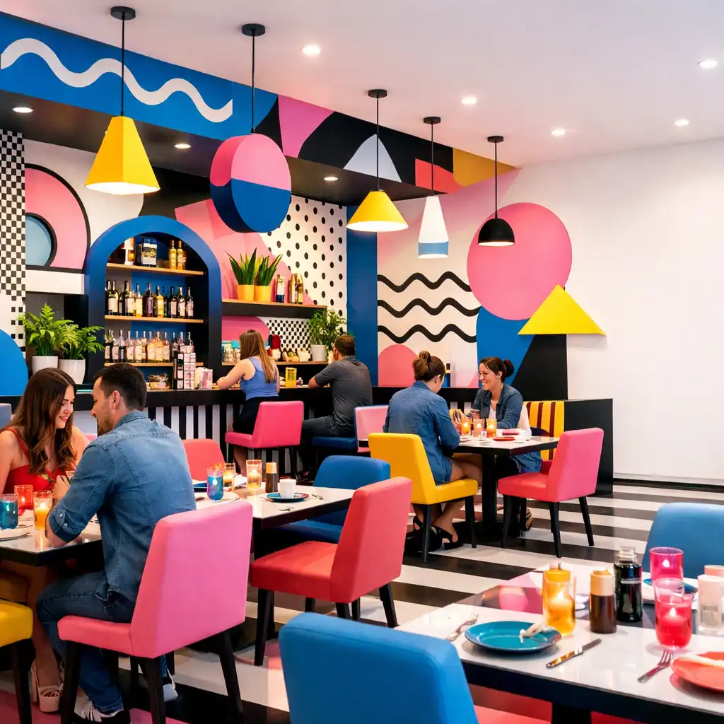 Kolorowe wnętrze restauracji z geometrycznym designem i gośćmi przy stołach