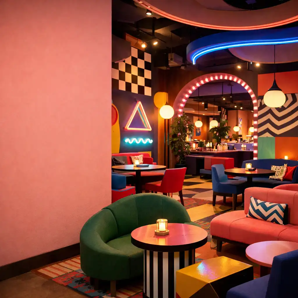 Nowoczesne wnętrze restauracji z geometrycznym wystrojem i strefami siedzeń